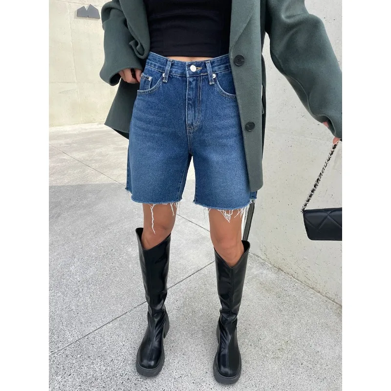 New 2024 Summer High Waist Denim Shorts For Women Pockets Burrs Blue Color Short Jeans Women Streetwear Casual Women\'s Shorts