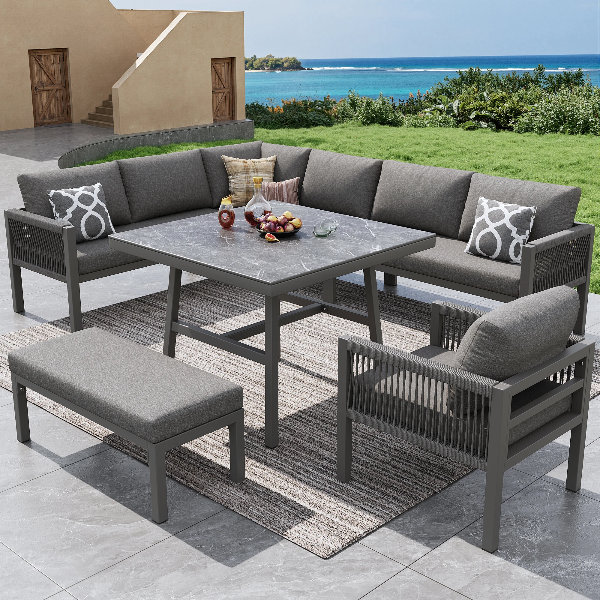 Salon de jardin avec 3 canapés 2 places, 1 fauteuil, 1 banc et 1 table - pour 8 personnes - Fer, verre et tissu - Gris