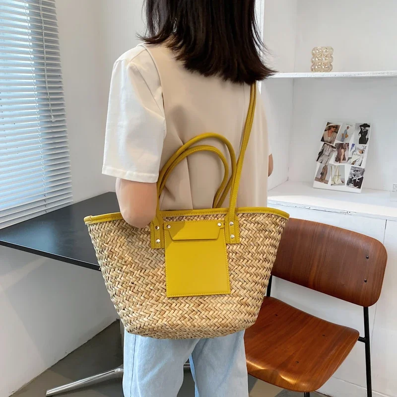 Women Straw Handbag 2024 Summer Beach Shopper Bags Luxury Design Large Woven Crossbody Bag Fashion Korean Hand Made Tote Handbag