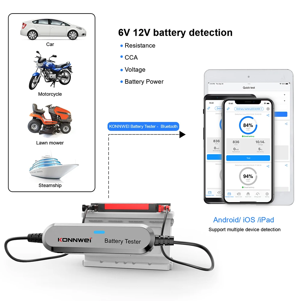 KONNWEI BK100 Bluetooth 5.0 Car Motorcycle Battery Tester 6V 12V Battery Monitor BT 5 2000 CCA Charging Cranking Analyzer Tools