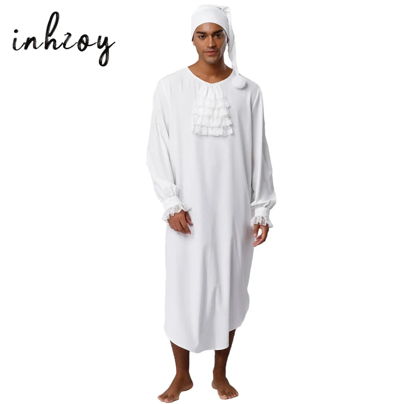 

Men's Victorian Nightgown Halloween Christmas Fancy Dress Ball Costume Lace Ruffles Collar Curved Hem Night-Robe with Nightcap