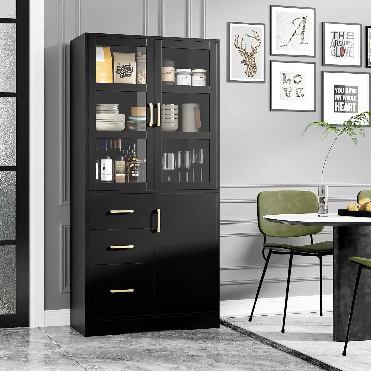 Tall Storage Cabinet with Glass Display Cabinet Doors & Shelves & 3 Drawers, 67”H Kitchen Pantry Cabinet with Handle