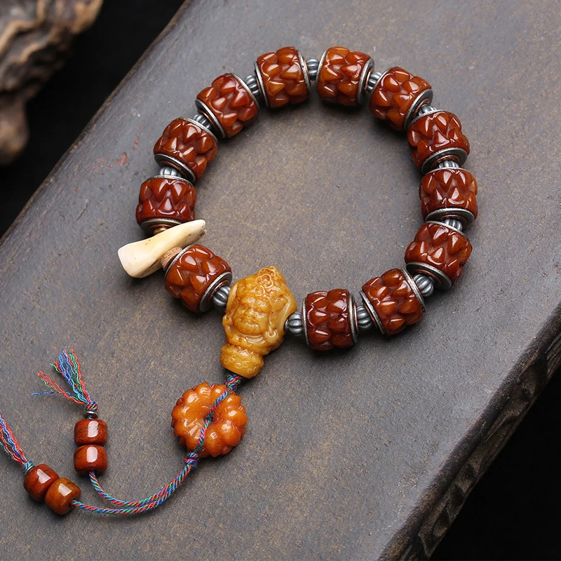 Yak Bone Bracelet With Copper Inlay, Yellow Wealth God Three-Way Bead, And Cloud Pendant Accessories