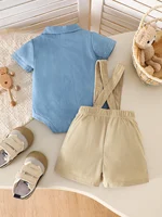 IURNXB Baby Boys 2Pcs Gentleman Outfits Infant Bear Print Short Sleeve Bodysuit & Suspender Shorts Set Casual Wear 1-18M 2