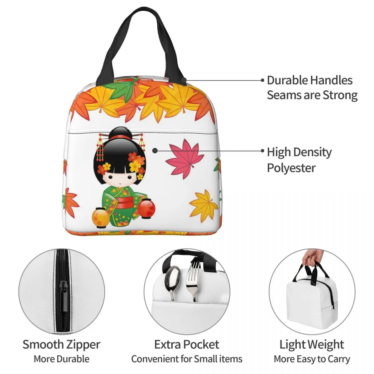 Bolsa de almuerzo japonesa con aislamiento de muñeca Kokeshi, contenedor de almuerzo portátil, bolsa térmica, caja de almuerzo de mano, Picnic de trabajo, niña y niño