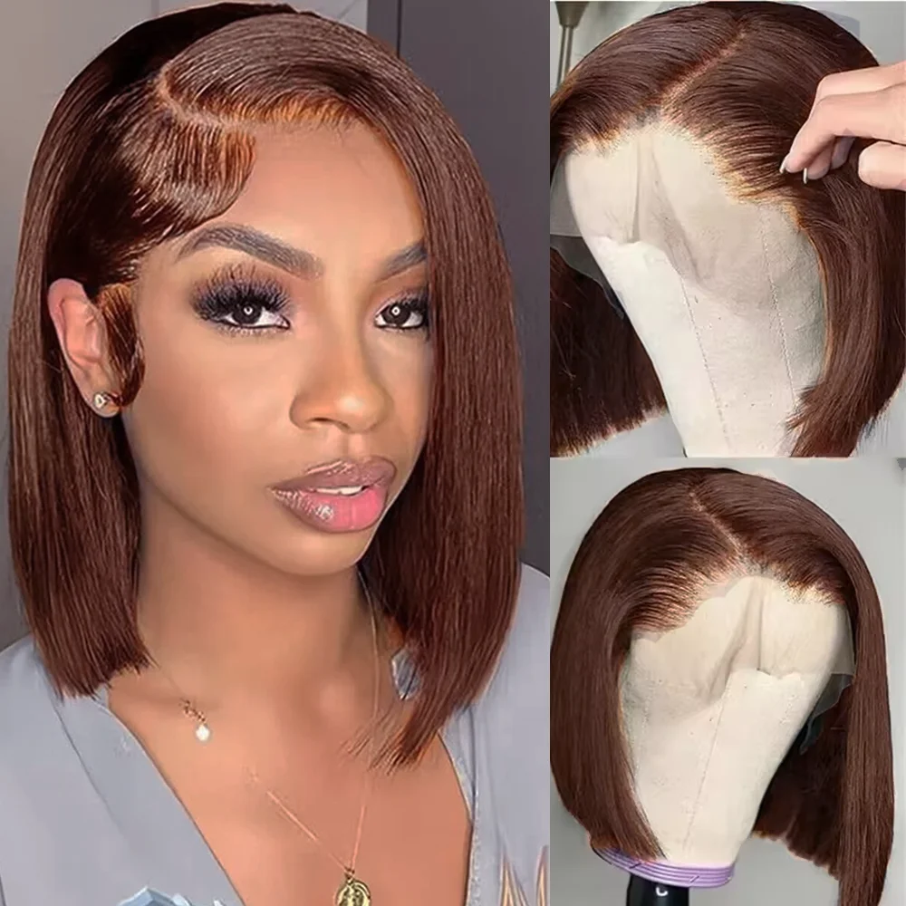 200 الكثافة 4 بوب الشوكولاته براون الدانتيل الجبهة خصلات الشعر المستعار الإنسان للنساء شعر الإنسان البرازيلي رخيصة مستقيم قصير بوب شعر مستعار 14 بوصة #1