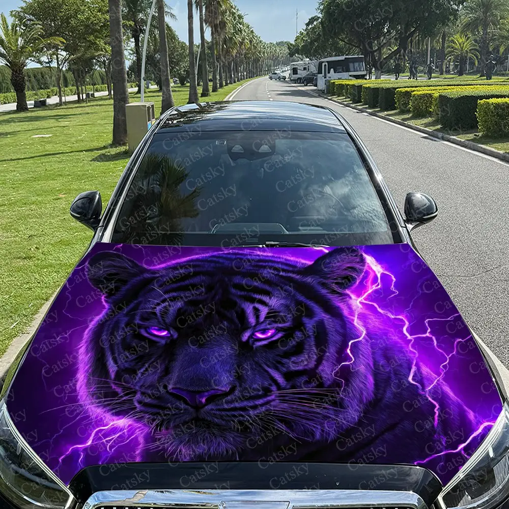 

Purple Electric Black Tiger Car Hood Vinyl Wraps, PVC Waterproof Car Bonnet Decals, Self-Adhesive Scratch-Resistant Stickers For