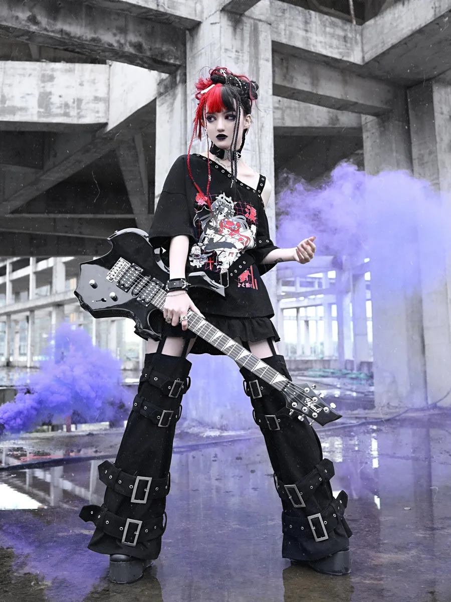 Blood Supply Original Design Subculture Summer Punk Thin Faux Two Pieces Pant Skirt Black Y2k Gothic Girls Trousers Patch Capris