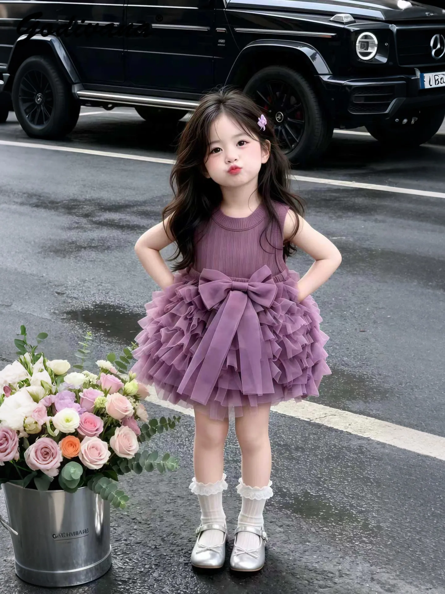 Sweet Little Girls 2026 New Summer Purple Princess Dresses Childrens Sleeveless Bow Mesh Patchwork Birthday Party Tutu Dress