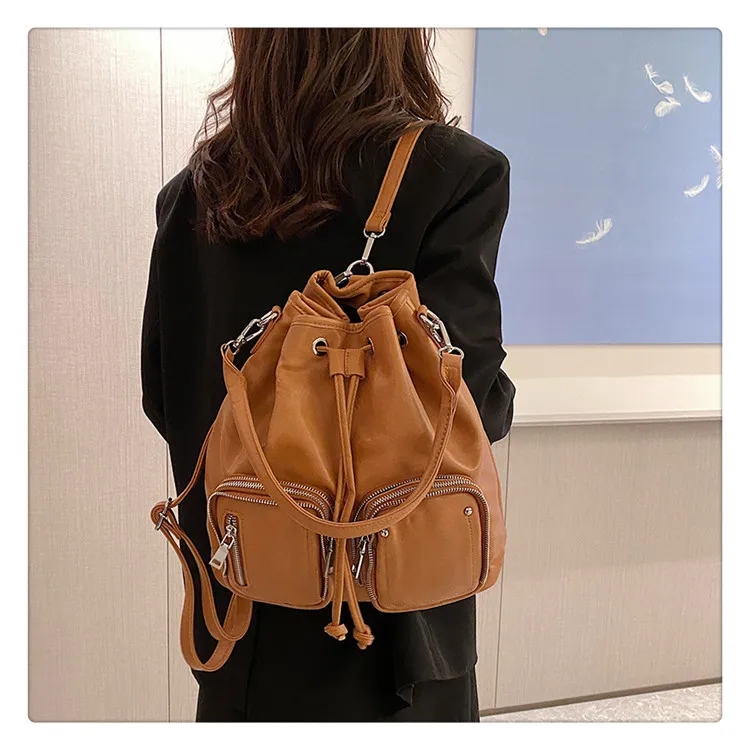 

Multiple Pockets Women Bucket Backpack Leather String Female Travel Rucksack Small School Bag 2024 Fashion Backpacks For Girls