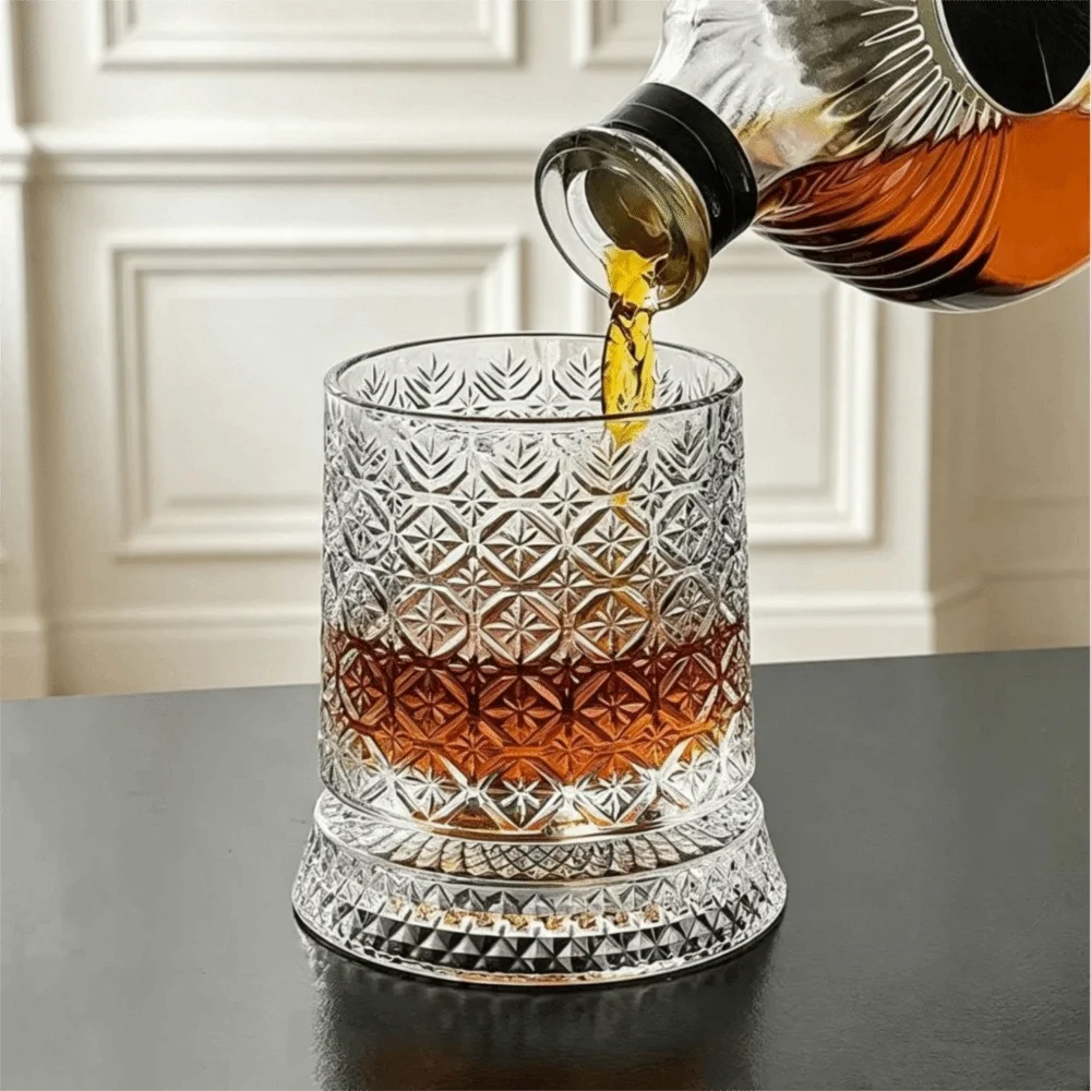 360 Degree Rotating Glass Wine Glass Transparent Thickened Drinking Glasses Glowing Base Crystal Relief Liquor Cup Party