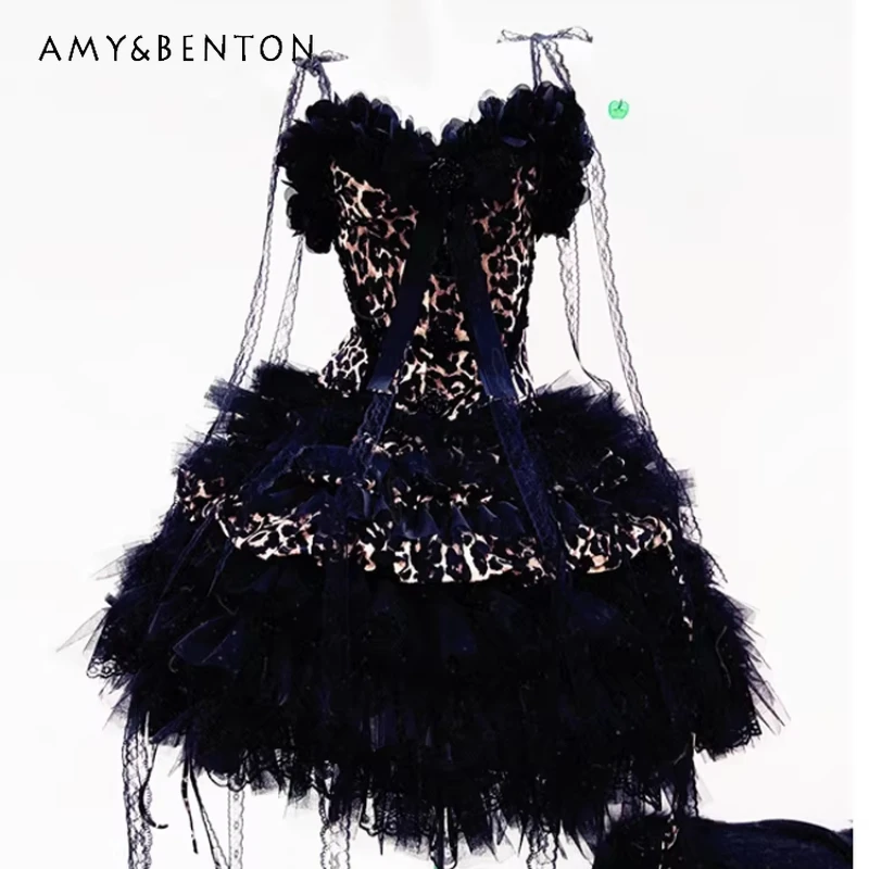 

Retro Original Subculture Design Y2K Leopard Print Women's Sling Dress Gothic Dark Black Sexy Lace Evening Dresses Sets Ladies
