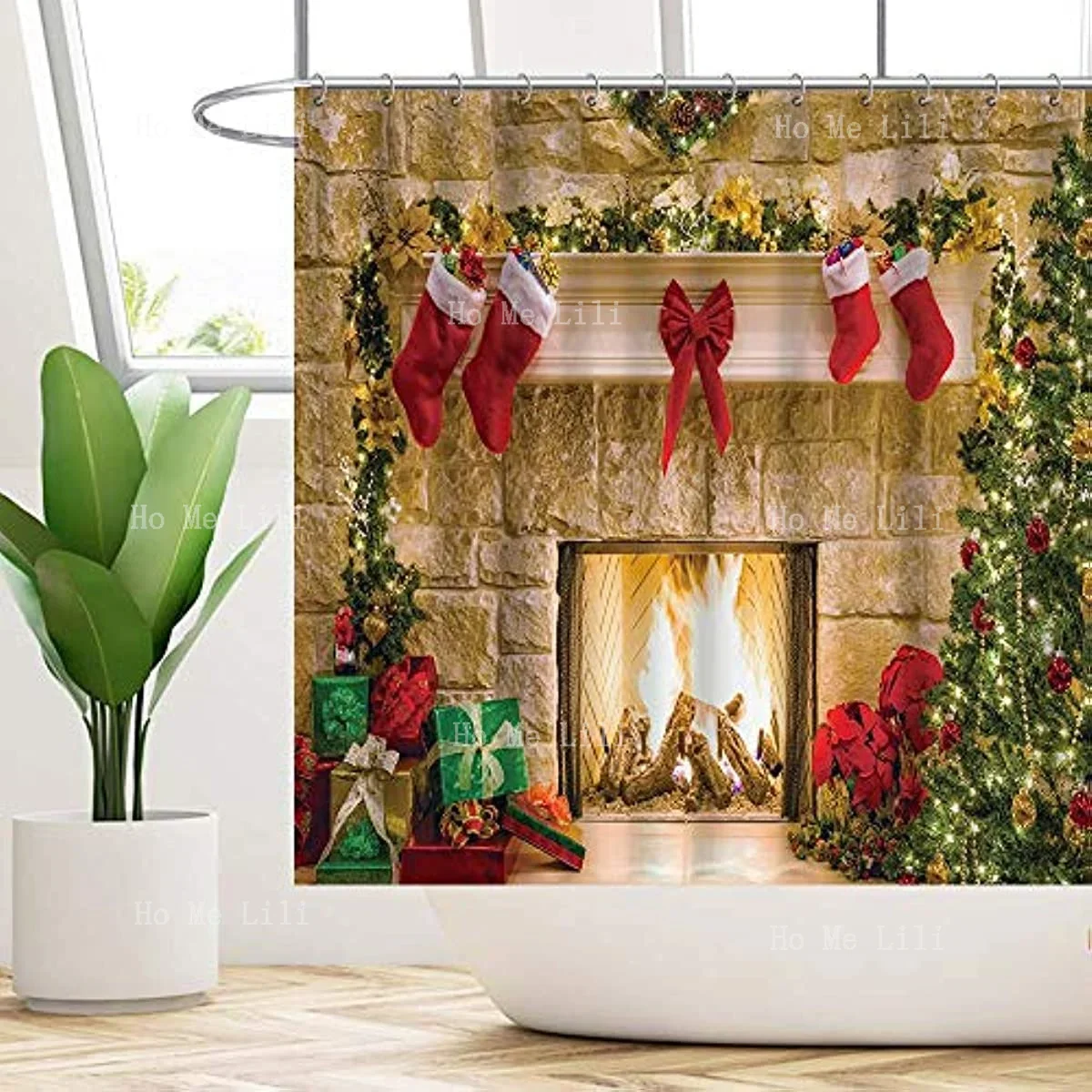 Fun Fireplace Shower Curtain Set Hooks Winter Indoor Christmas Tree Stockings Home Bathroom Tub Decoration Easy Care Washable