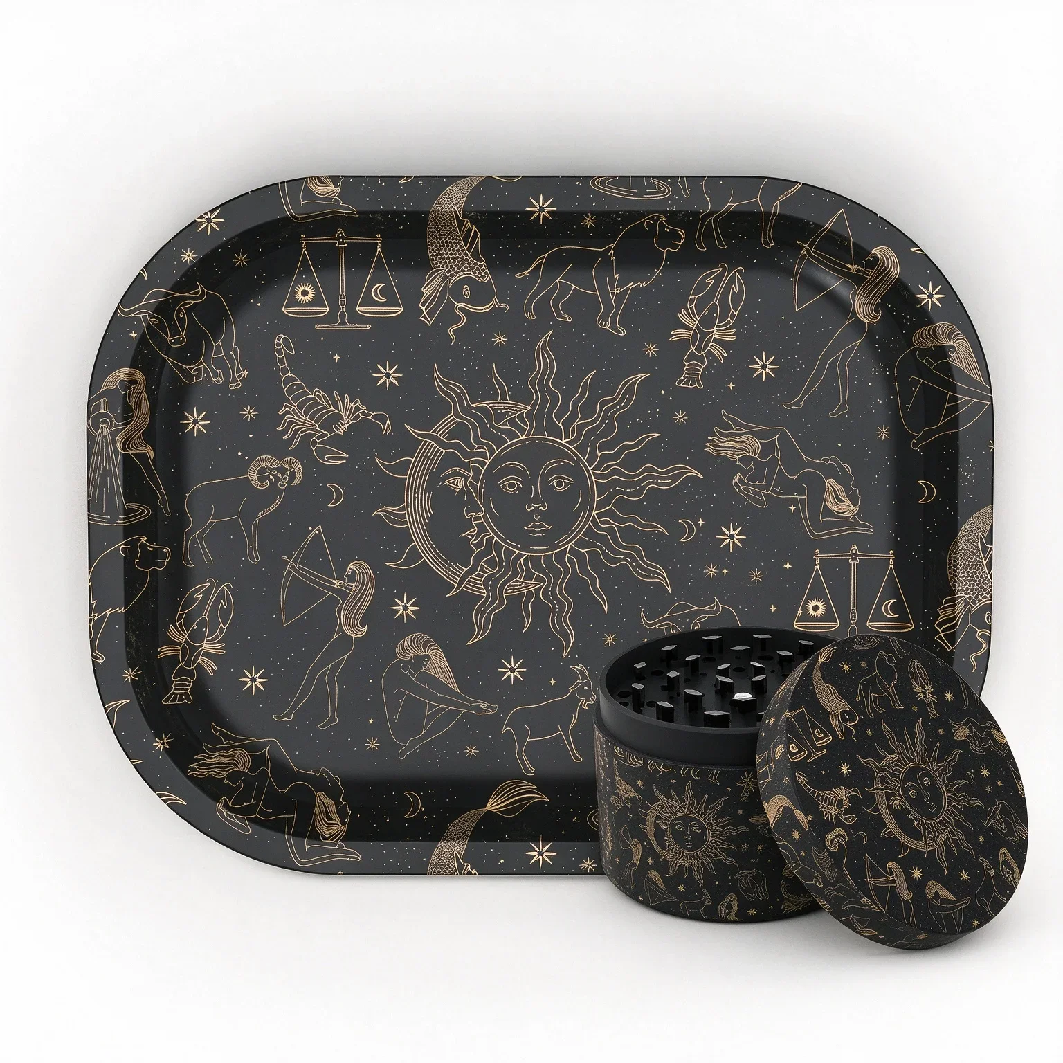 1/2 Pieces Zodiac Signs Rolling Tray & Herb Grinder Black & Gold Astrology Gift for Sun Moon Constellation Lovers