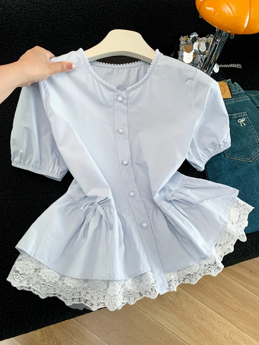 

Sweet Lace Trim White Short Sleeve Women's Shirt Summer 2026 New Loose Slimming Hemline Korean Style round Neck Button up