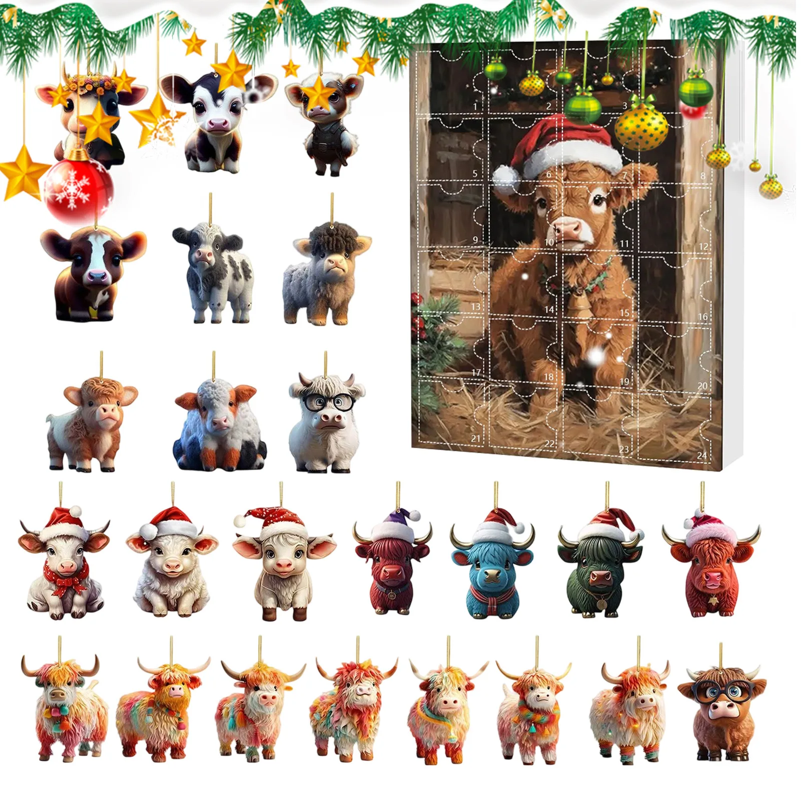 Bonecas de ação highland vaca calendário do advento 2025 contagem regressiva do feriado 2d gado decoração de natal ornamento 24 peças caixa cega