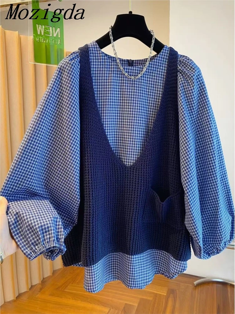 

Комплект из двух предметов больших размеров, вязаный жилет, женская клетчатая блузка с рукавами-фонариками, рубашка, женские корейские свободные женские топы Blusa Feminina