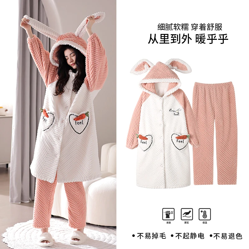 

Sexy Robe + Pant Women Cute Cartoon Kimono Robes Winter Thick Warm Flannel Robe Casual Soft Female Bathrobe