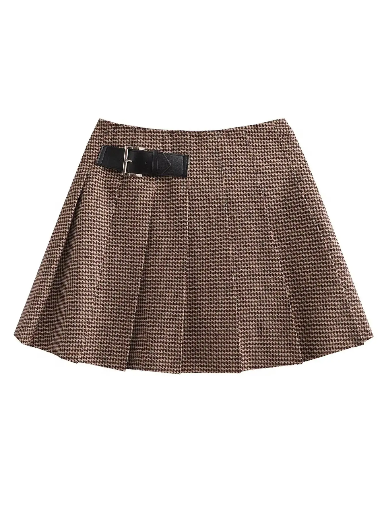 XNWMNZ 2024 Women\'s Fashion Houndstooth Blazer or Leather Buckle Decoration Wide Pleated Mini Skirt Female Two Piece Set