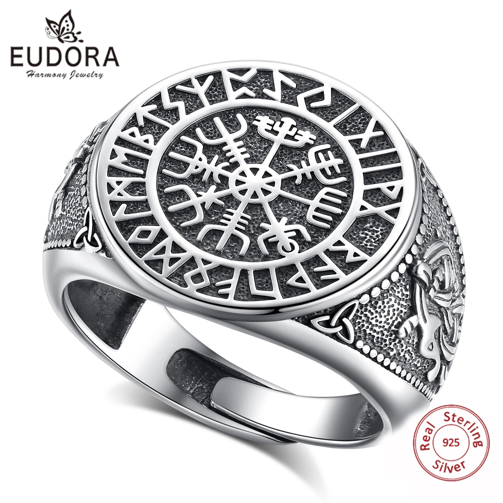 Eudora 925 Sterling Silver Viking Runes Compass Adjustable Ring Vintage Norse Amulet Ring Personality Jewelry Gift for Women Men