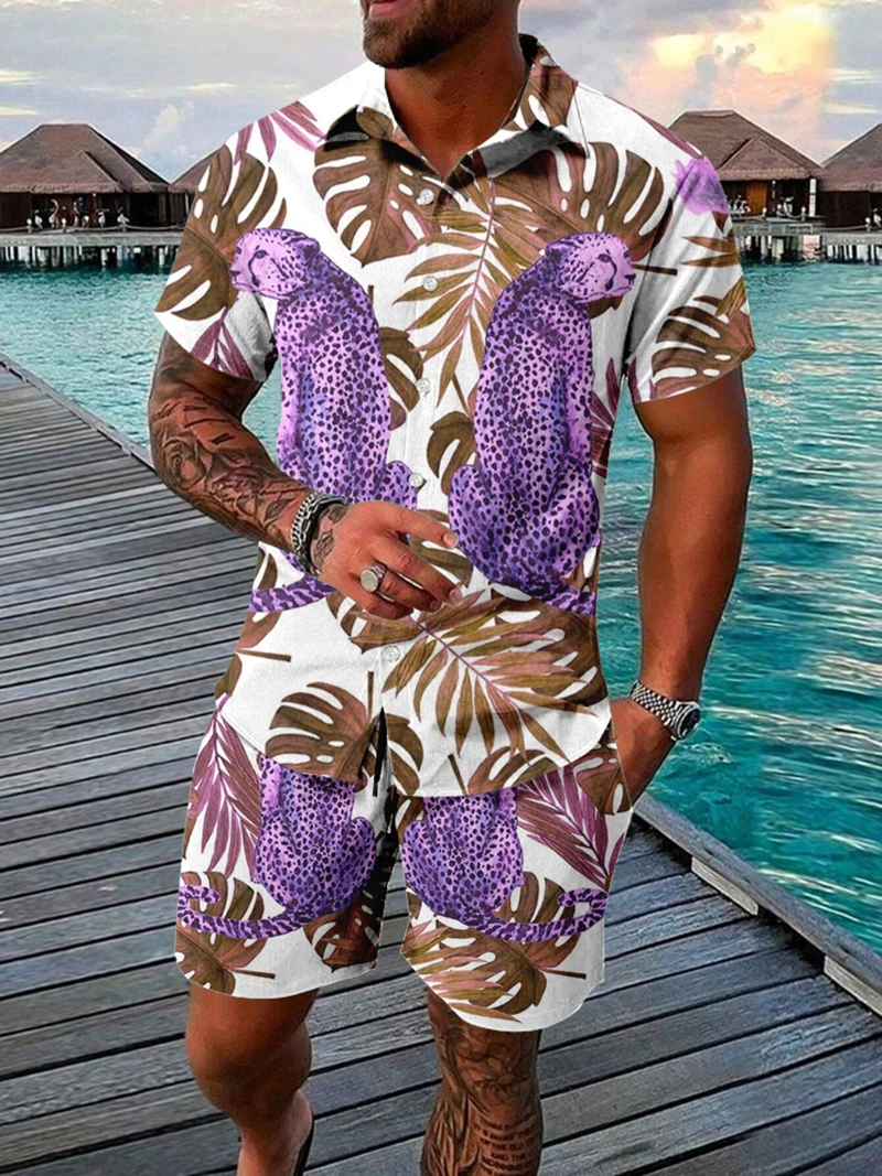 Men's Hawaiian Shirt Set Vintage Flower Leopard Print Men's Fashion Shirt + Shorts Two Piece Hawaiian Shirt Set Beach Shirt Set