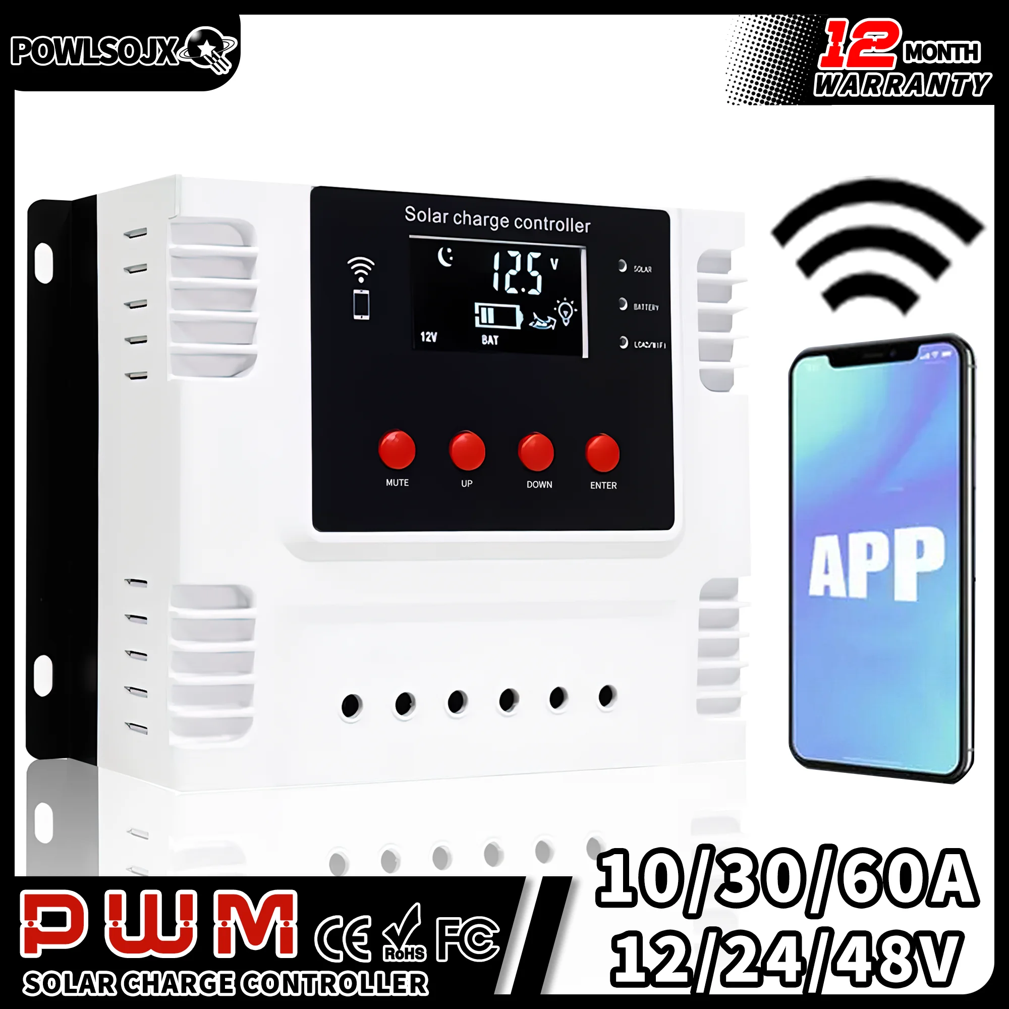 powlsojx litio chumbo acido carregador de bateria smart wifi pwm controlador de carga solar monitor pv lifepo4 12v 24v 48v 60a 30a 01