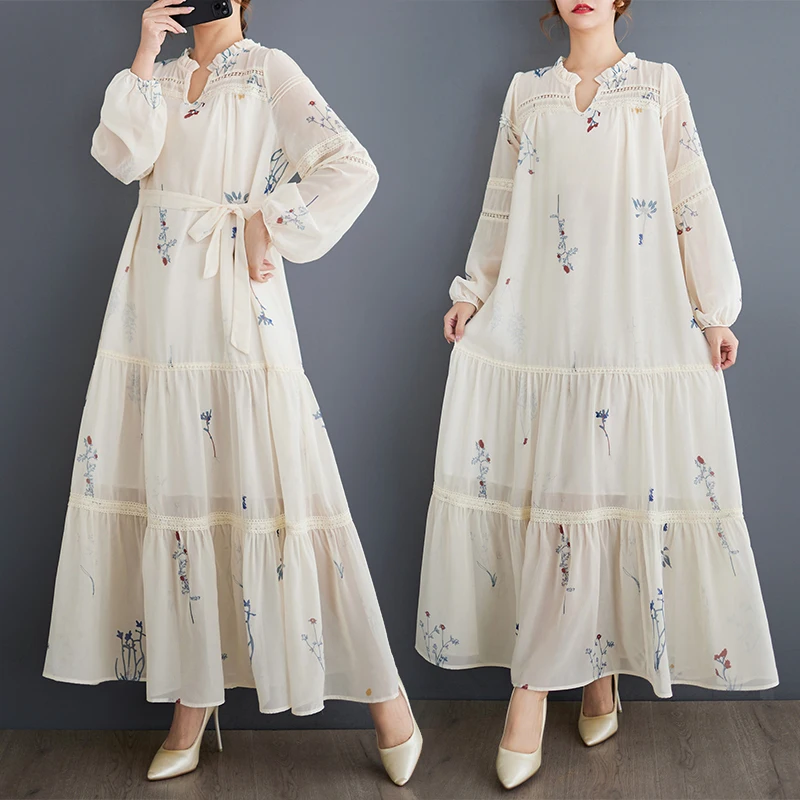 

Anti-Aging Hollow out Lace Print Long Dr Large Size Women's Faion V-Ne Slimming A-Line Skirt Spring Commute Sle