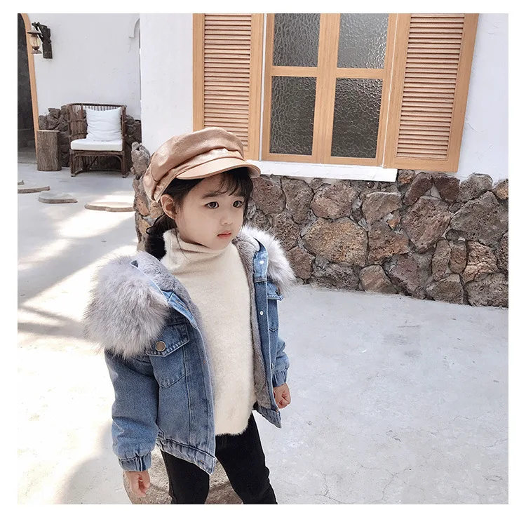 2026 Winter Girls Plush Denim Jacket Children Boys Solid Color Plush Hooded Coat Kids Princess Big Fur Collar Outerwear Clothes