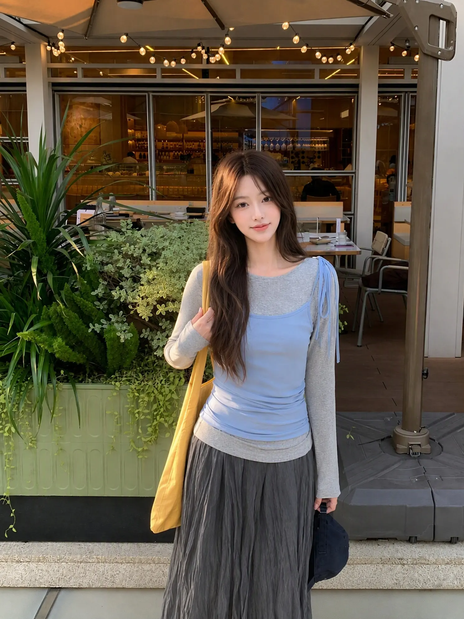 Korean Style Grey round Neck Long Sleeve Women's T-shirt Slimming Base Layer Top Two-Piece Set Early Autumn 2026 New Arrival