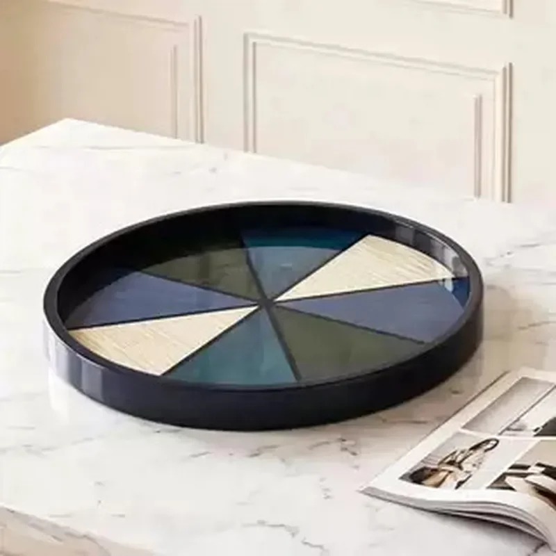 Round Piano Finish Parquet Tray for Desktop Decoration Aromatherapy Storage Household Ornament Craft Serving Platter Home