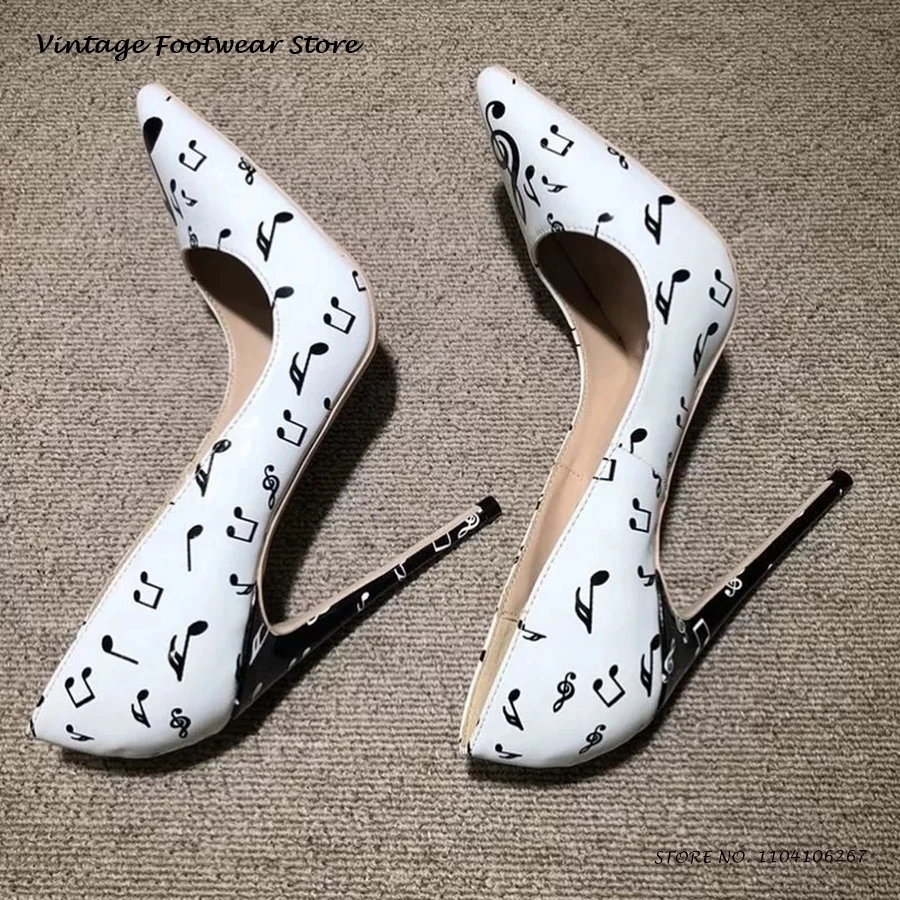 Patchwork Music Note Print Pumps Elegant Pointed Toe Thin Heels Office Party Dress Shoes Spring Summer Shallow Slip On Stilettos