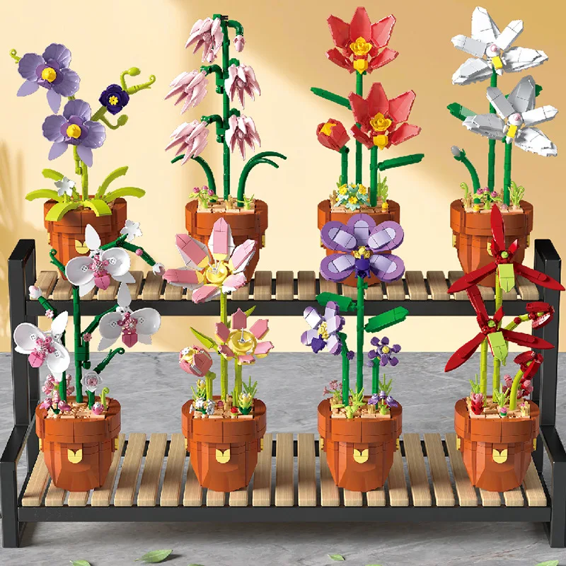 MOC Bouquet di fiori con vaso Building Blocks Decorazioni per piante in vaso Assemblaggio di giocattoli San Valentino Rose Bricks Regalo fai da te per ragazze