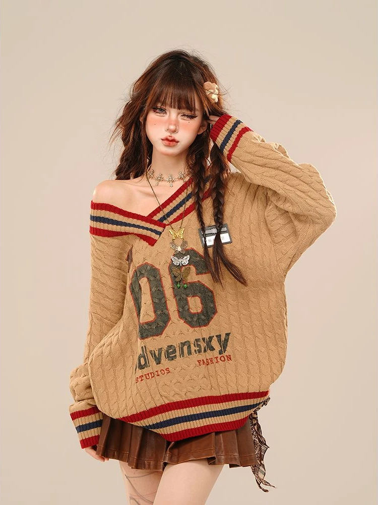 2000s American Vintage Knitted Sweater Women Casual Striped Long Sleeve Loose Korean Fashion Pullover Y2k Party Retro Clothing