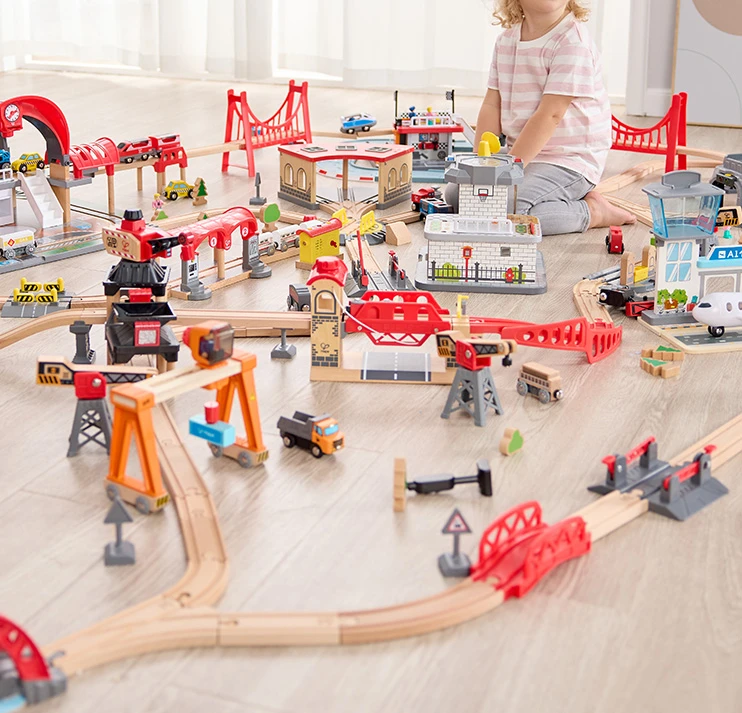 Wooden train track town transportation and storage set