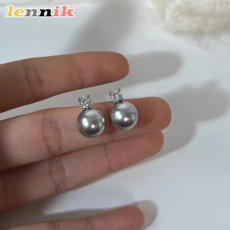LENNIK Brincos de pérola simples, sentido premium, zircão micro-incrustado 925 agulha de prata brincos de temperamento versáteis e elegantes
