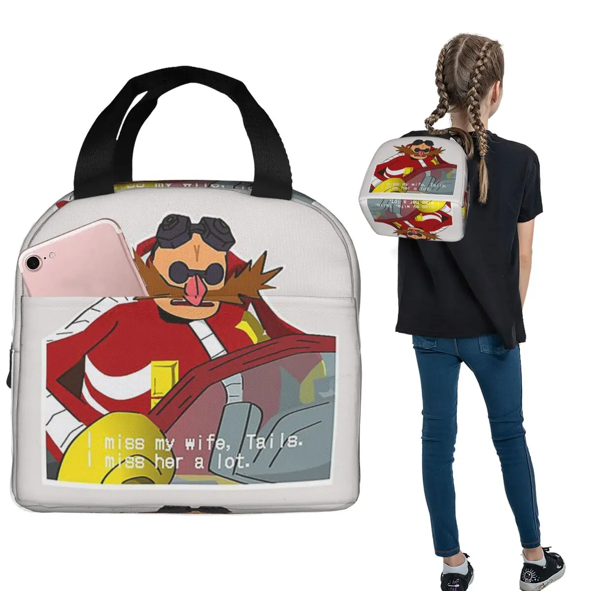 I Miss My Wife Tails Snapcube Eggman Insulated Lunch Bag for Women Children Portable Food Boxes Thermal Lunch Box Tote