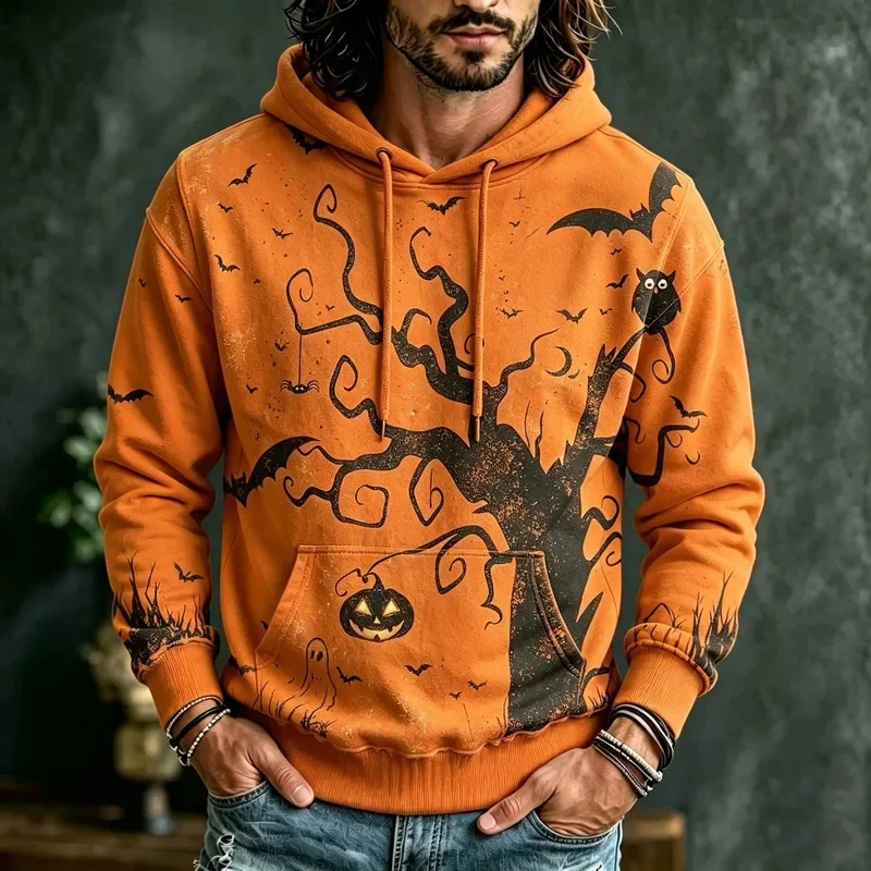 Men Orange Halloween Spooky Tree Hoodie Ghost Bat Owl Pumpkin Vintage Distressed 3D Print Drawstring Pocket Pullover