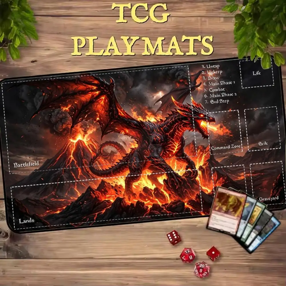 Lava Fire Lightning Dark Dragon Volcano Castle Fantasy TCG Playmat 35X60CM MTG Duel Mat Non-Slip Stitched Edge Large Playmat