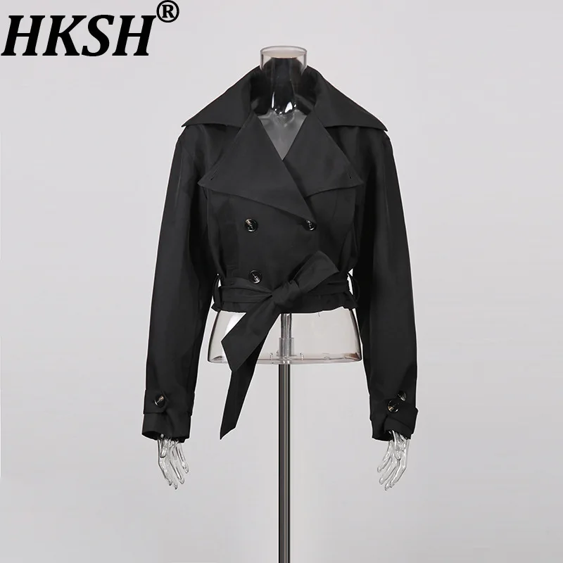 

HKSH весенне-осенний новый женский короткий плащ с отложным воротником, двубортный пояс, однотонная универсальная повседневная куртка HK16272