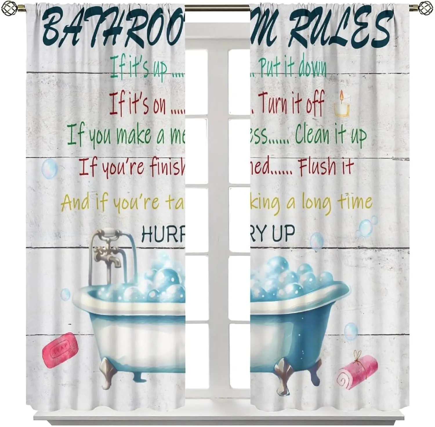 Rustic Bath Rules Window Curtain Tub Bubble Soap Towel Humor Tip Text Rod Pocket Window Panels Shower Room Apartment Ornament