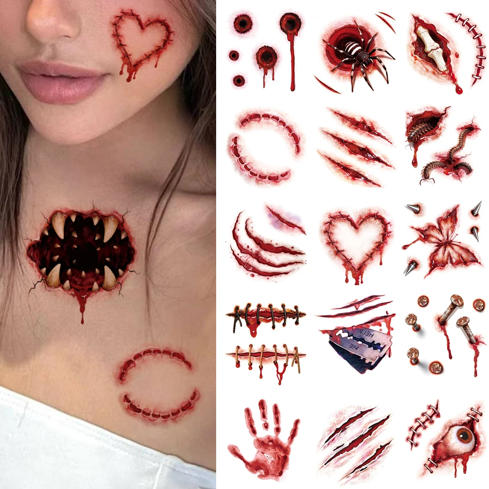 20 Hojas de Tatuajes Temporales 3D Realistas de Halloween, Araña Sangrienta, Huella de Mano, Herida Falsa, Puntos de Sutura, Costras, Tatuajes Aterrador