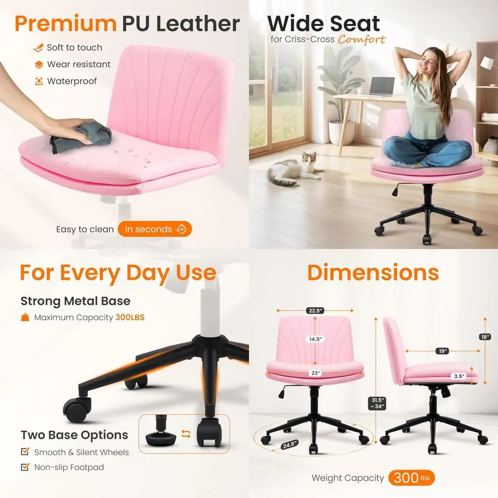 

Criss Cross Chair with Wheels Armless Cross Legged Office Desk Wide Comfy Vanity Makeup Chair Adjustable Swivel Rolling Computer
