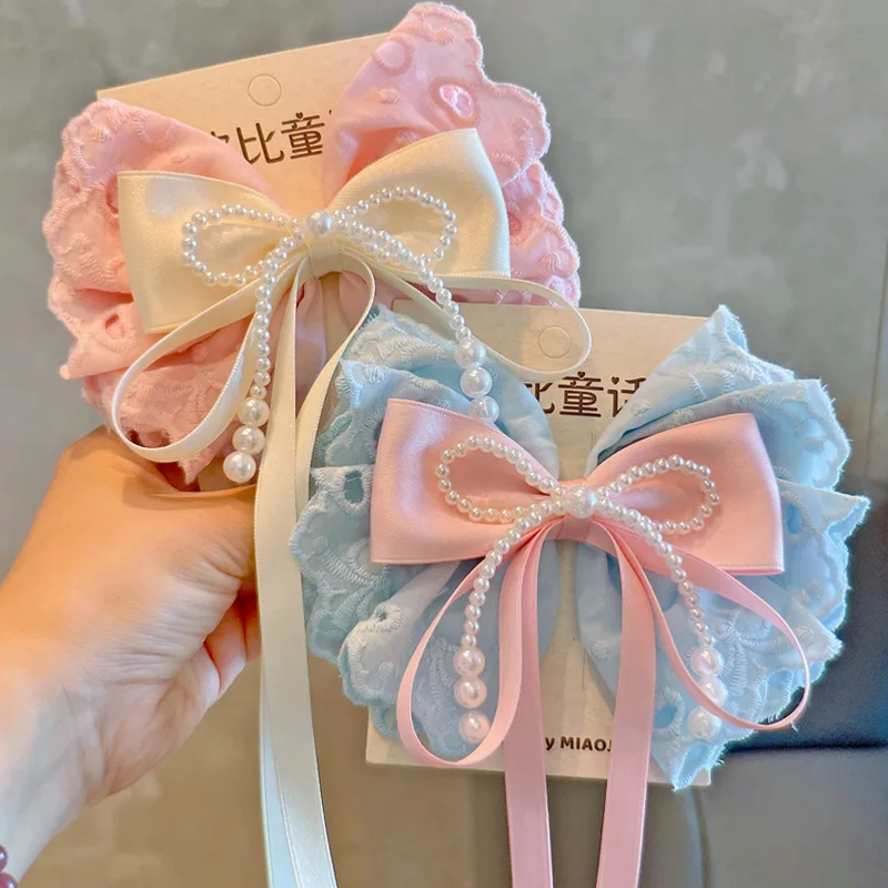 

1PC New Pink Sweet Lace Cotton Bow Women's Pearl tassel Hairpin Sensation Top Clip Float Hair Accessories Headwear