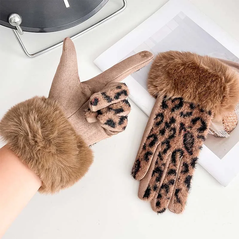 قفازات من جلد الغزال بطبعة الفهد لركوب الدراجات في الشتاء - قفازات نسائية دافئة مقاومة للبرد ومضادة للرياح مبطنة بالصوف للخريف والشتاء #4