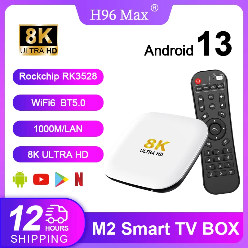 H96MAX M2 Smart TV Box Android 13.0 RK3528 Quad Core 8K Ultra HD Video Decording Support Wifi6 BT5.0 1000M LAN Set Top TV Box