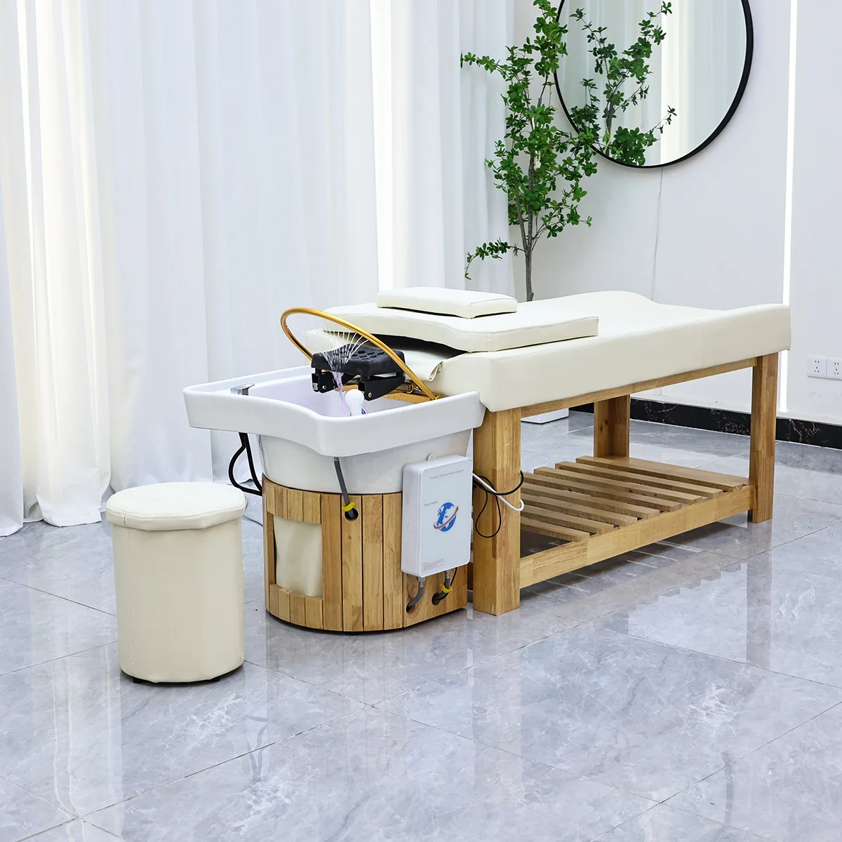CX Chinese hair salon Solid wood shampoo bed Beauty integrated beauty bed Ceramic basin
