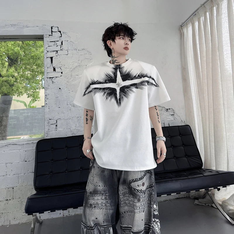 WTHT Trendy 2026 Summer Men's Spliced Diamond Graffiti Loose T-shirts Fashion American Style Round Collar Tops Male 2A3116
