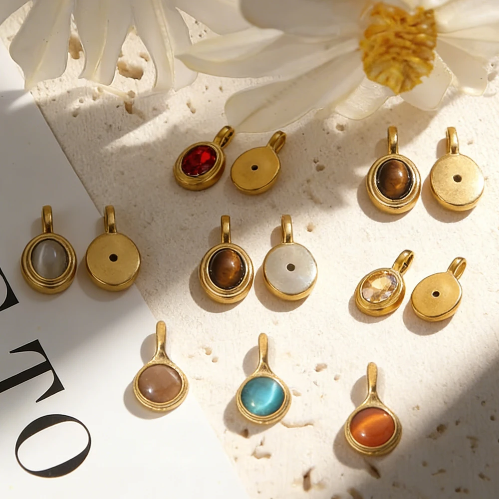 2-5PCS Oval Teardrop Natural Stone Pendants 18K Gold Stainless Steel Turquoise Malachite Agate Charms for DIY Necklace Jewelry
