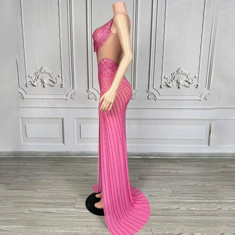 Vestidos de Noche rosas con diamantes de imitación para mujer, vestido de fiesta de celebración con diamantes, vestido de actuación en escenario, traje de pasarela de cantante, disfraz de Jazz