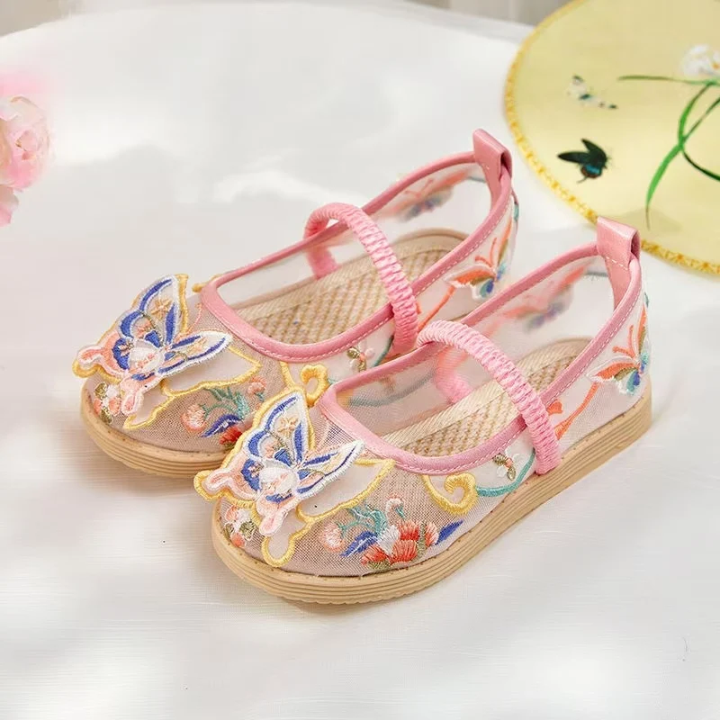 New Summer Girls Vintage Flat Sole Embroidered Shoes Soft Sole Non Slip Light Shallow Slip-On Period ShoesMesh Sandals